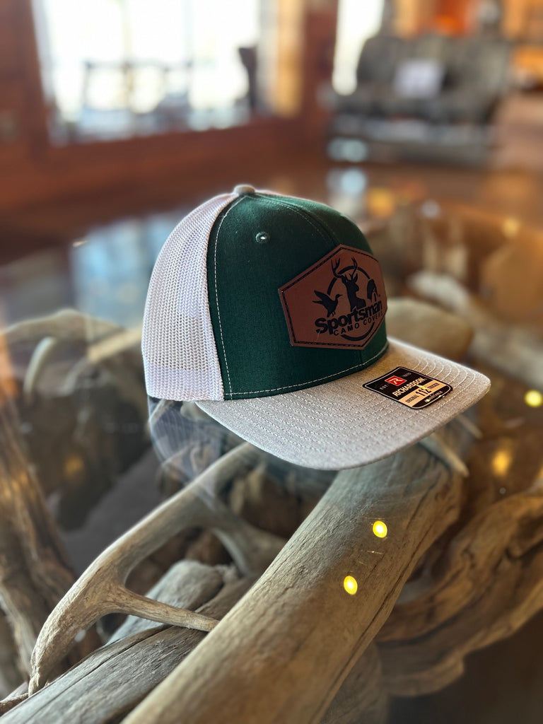 Dark Green, White, & Heather Gray Leather Patch Hat Sportsman Camo Covers