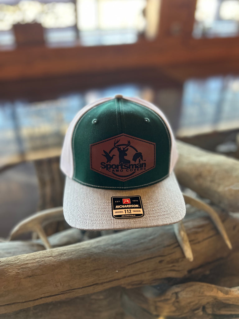 Dark Green, White, & Heather Gray Leather Patch Hat Sportsman Camo Covers
