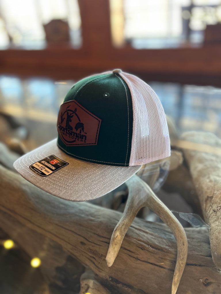 Dark Green, White, & Heather Gray Leather Patch Hat Sportsman Camo Covers
