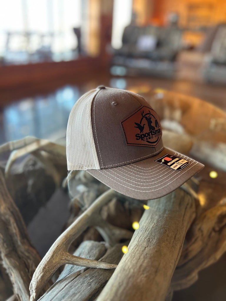 Brown & Khaki Leather Patch Hat Sportsman Camo Covers