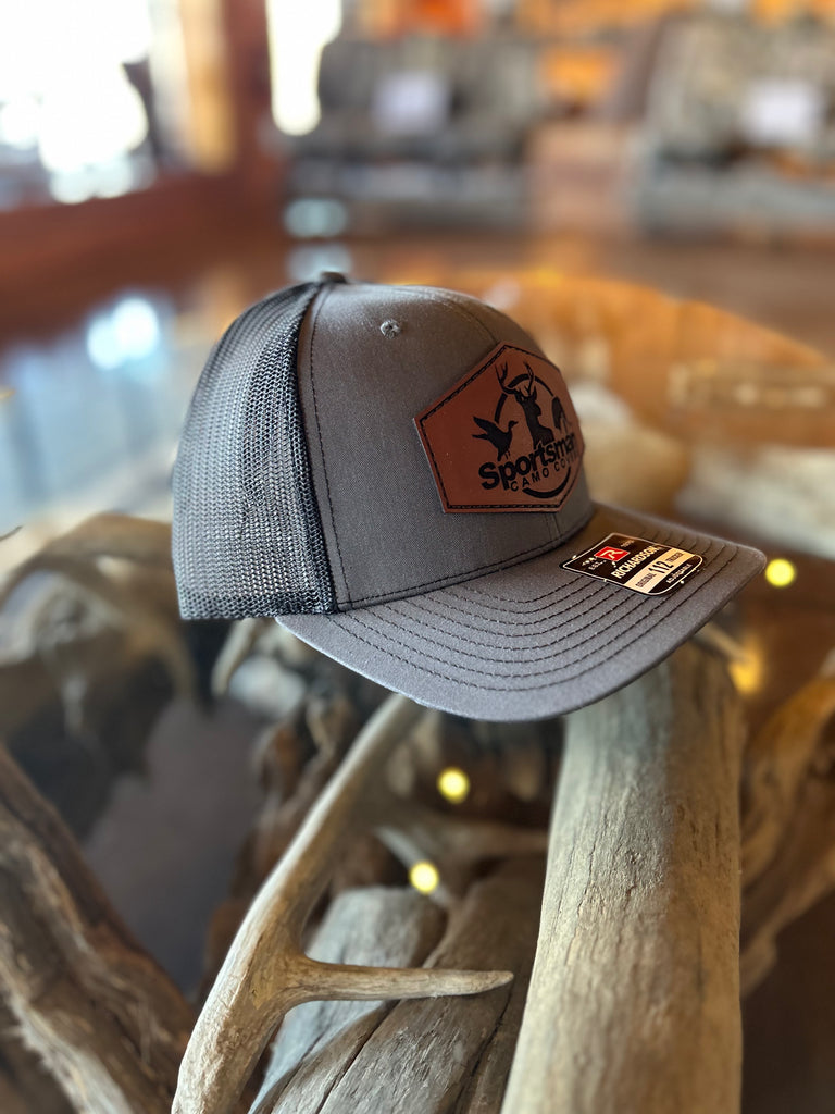 Charcoal & Black Leather Patch Hat Sportsman Camo Covers