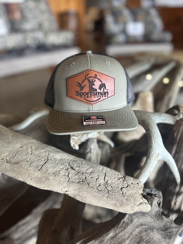 Olive Green and Black Leather Patch Hat