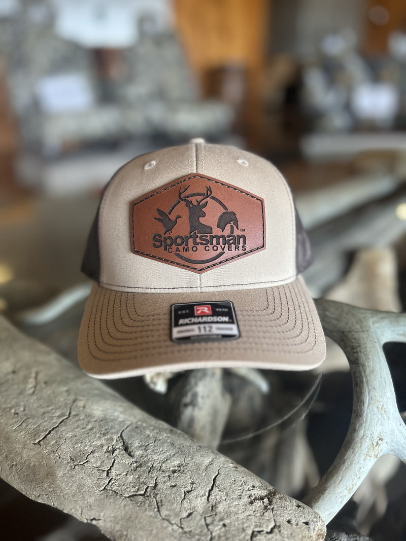 Khaki & Dark brown Leather Patch Hat – Sportsman Camo Covers display picture 3